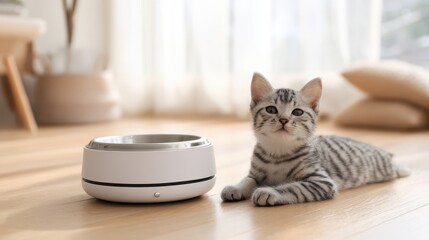 Playful striped kitten lounging on wooden floor in a cozy living room, sunlight streaming through the window, creating a warm atmosphere