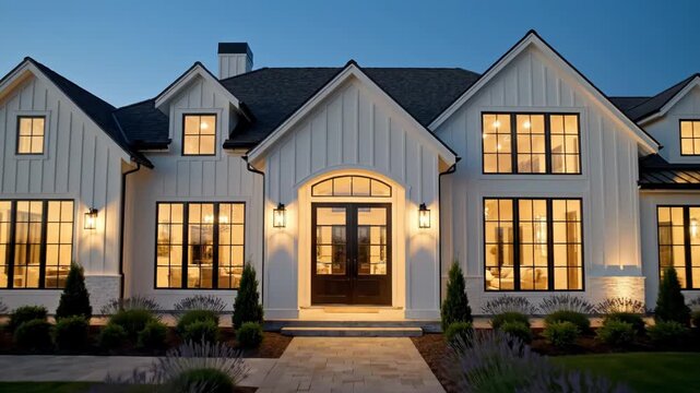 Modern farmhouse exterior at dusk with illuminated windows and landscaping