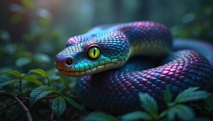 Fototapeta premium Vibrant snake coiled in lush green forest foliage. Iridescent scales shimmer with blue purple and green hues. Bright yellow eye gazes intently. A magical creature of nature in its wild habitat.