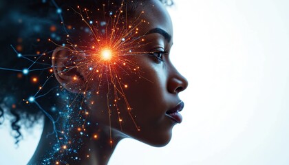 African american woman with glowing digital network connections emanating from head. Abstract concept of brain augmentation or AI integration for enhanced cognition and mental wellness.