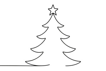 Fototapeta premium Christmas tree continuous line drawing with star, celebrating holiday season, winter festivities, and seasonal cheer, black outline vector