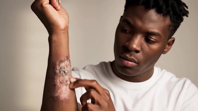 Serious, Introspective Portrait Of A Man Examining Burn Scars On His Arm.