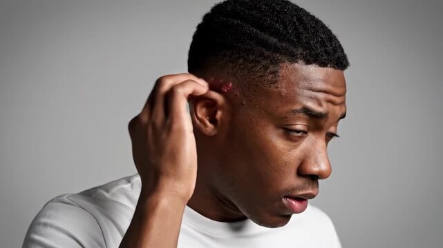 Serious-Looking Man Examining His Ear Infection in Studio on Solid Background