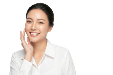 Beautiful young Asian woman touching her glowing skin isolated on a transparent background