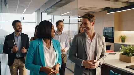Two professionals converse in a bright glass-walled office as colleagues work nearby. They brainstorm