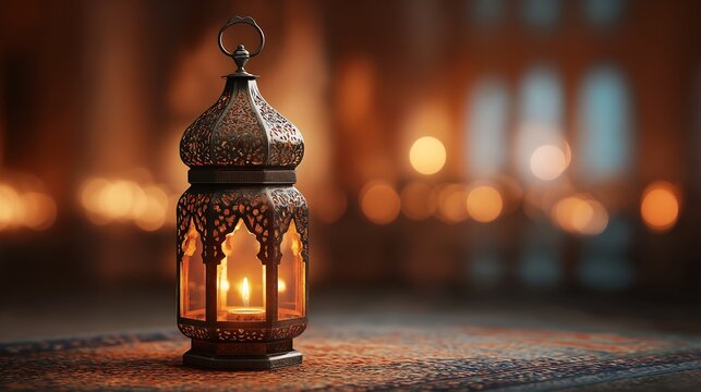 Muslim holiday in the holy month of Ramadan Kareem. Beautiful sky background with lanterns on shining wood Fanus