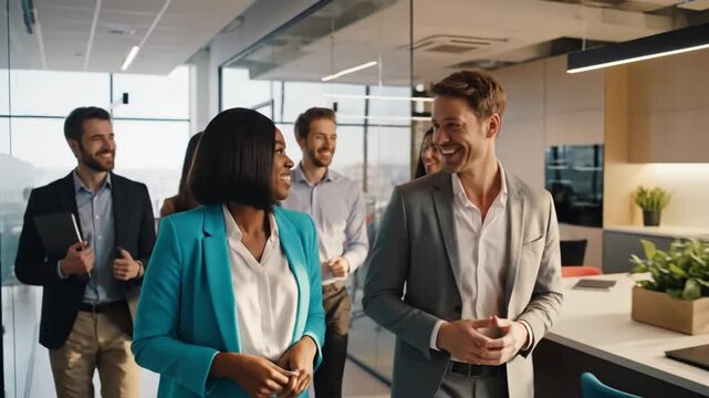 Two professionals converse in a bright glass-walled office as colleagues work nearby. They brainstorm