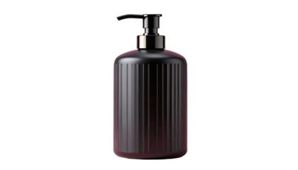 Matte black ribbed soap dispenser with smooth sleek contours and detailed textured body design presented cleanly and clearly isolated on white background