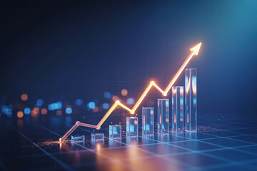 stock market graph. Golden arrow up. Global network data with blockchain. Finance background business economy data