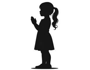 Silhouette of a little girl kneeling in prayer with gentle childlike posture and calm spiritual expression clearly isolated on white background