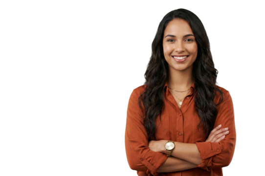Smiling young woman with crossed arms isolated on a transparent background - Powered by Adobe