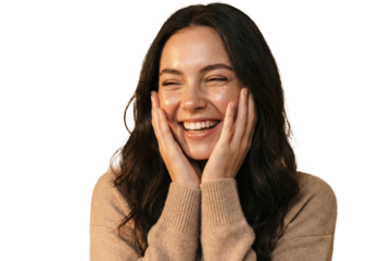 Happy young Asian woman smiling and touching her cheeks isolated on a transparent background