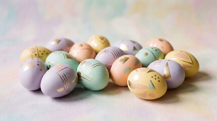 Aesthetic Easter Eggs with Geometric Patterns and Gold Accents on Soft Pastel Background