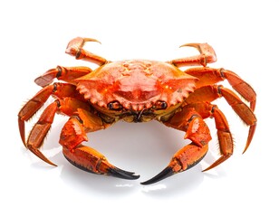 A cooked crab with red shell and claws, isolated on white