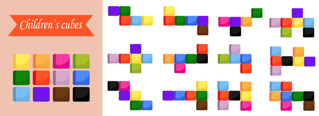 A set of children's blocks, various block patterns for play. A children's educational game. building with pattern-based blocks