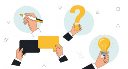 Business people with lightbulb, question mark, and pencil ideas in their heads, concept of brainstorming and creativity isolated on transparent background