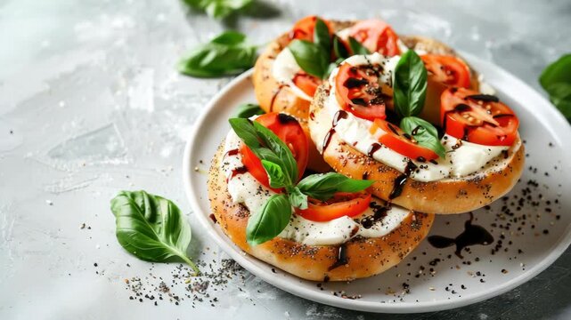 Fresh bagels with mozzarella, tomato, and basil leaves on plate