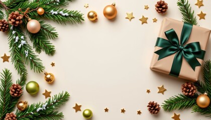Festive Christmas Arrangement with Greenery, Ornaments, Pinecones and a Gift Box for Holiday Celebrations and Decorations