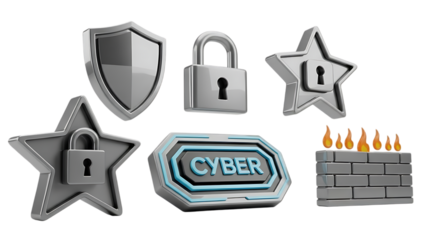 Silver security icons set including shield lock and star isolated on transparent background
