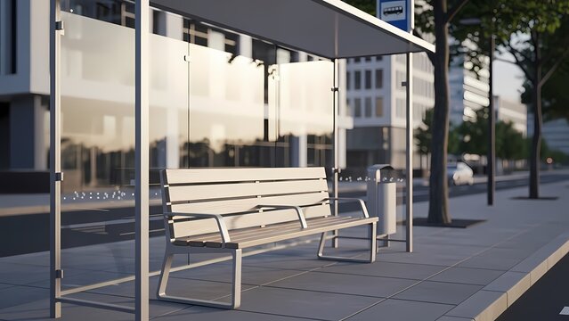Minimalist scene featuring an empty bench at a modern urban station. Suitable for themes of travel, waiting, city infrastructure, and lifestyle. - Powered by Adobe