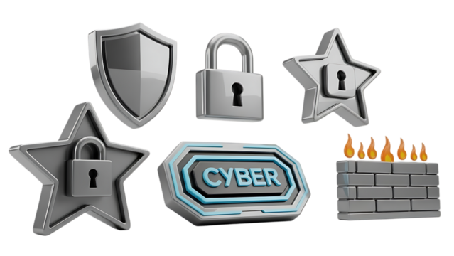 Silver security icons set including shield lock and star isolated on transparent background - Powered by Adobe