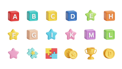 Colorful 3d letter and symbol icons set isolated on transparent background