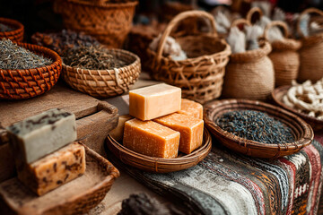 Handmade soaps displayed in woven baskets at a local market Generative AI
