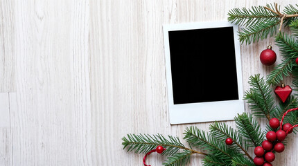 Blank black polaroid with Christmas decoration on wooden background