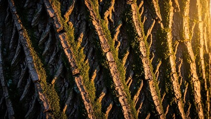 Close-up abstract texture of rough tree bark with diagonal ridges, illuminated by warm light
