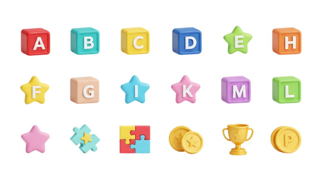 Colorful 3d letter and symbol icons set isolated on transparent background - Powered by Adobe
