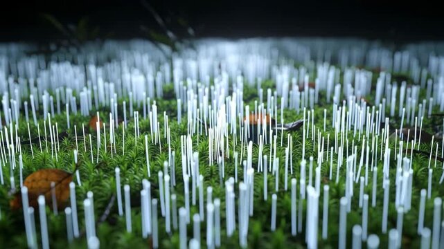 Bioluminescent fungi mycelium network growing on moss in dark forest