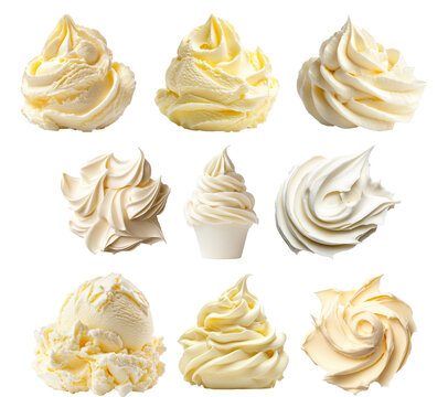 Set of creamy vanilla ice cream scoop or clotted cream. Smooth texture with swirls isolated on white background. Concept of dessert and sweet treat