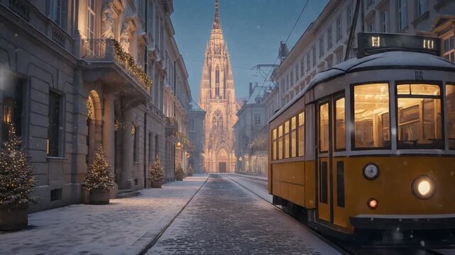A yellow vintage tram travels through a snowy European street lined with festive lights and historic buildings, creating a magical winter atmosphere.
