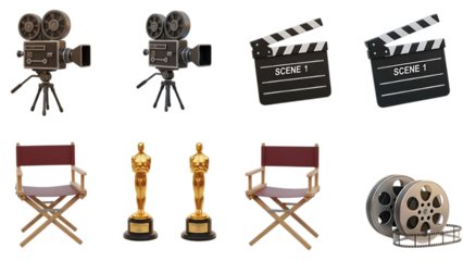 Film industry elements including cameras clapperboards chairs and awards isolated on transparent background