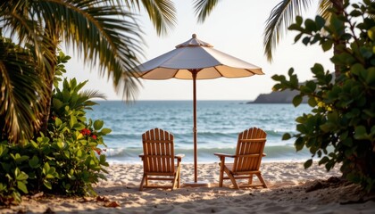 Fototapeta premium Relaxing beach scene with wooden chairs under sunshade and tropical plants near tranquil ocean waves at sunset
