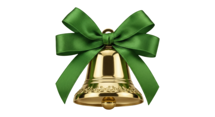 Golden Christmas Bell with Green Ribbon Bow.