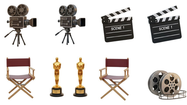 Film industry elements including cameras clapperboards chairs and awards isolated on transparent background