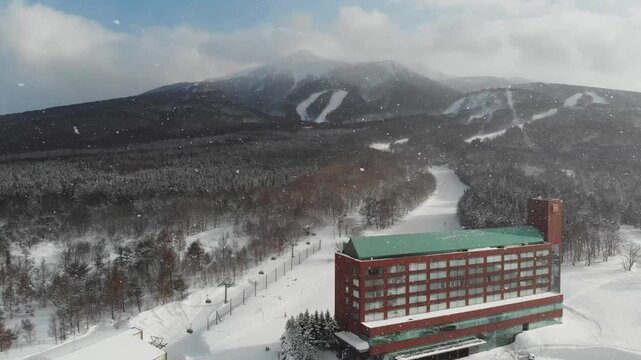 Winter resort building landscape in Mount Iwaki, Aomori Japan, Aerial drone view