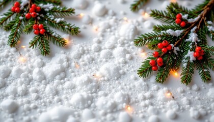 Beautiful Holiday Decor with Frosted Pines and Berries on a Snowy Background with Soft Glowing Lights