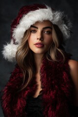 Elegant woman wearing fluffy red winter coat and Santa hat posing warmly in festive lighting