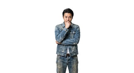 Man stands with arms crossed in denim jacket and jeans in a plain white background