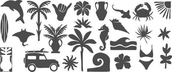 Tropical beach and island vector silhouettes featuring palms, marine animals, surf elements, summer travel icons, coastal nature shapes, and vacation design symbols for creative projects. © Sk