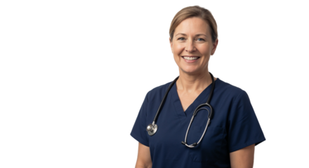 Nurse stands with a stethoscope in scrubs and smiles in a bright, clean setting during a workday in a medical facility