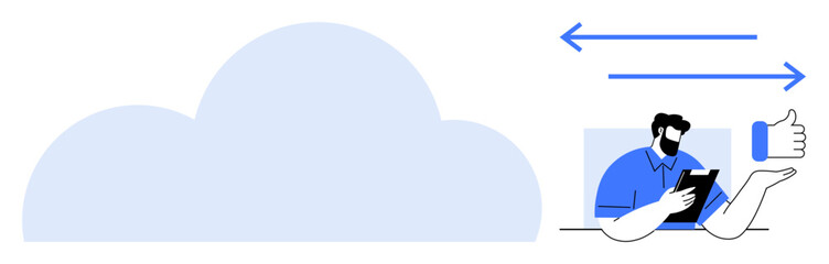 Cloud computing, data sharing, technology, online services, remote access, digital collaboration. Cloud icon and data transfer arrows with a man holding a tablet. Cloud computing and data sharing