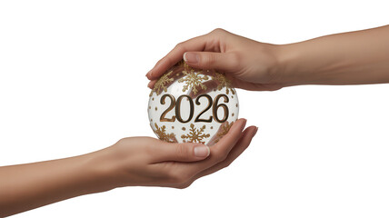 Two hands holding a christmas ornament with the year 2026 written on it, isolated on transparent background