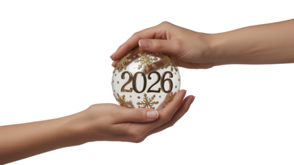 Two hands holding a christmas ornament with the year 2026 written on it, isolated on transparent background