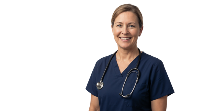 Nurse stands with a stethoscope in scrubs and smiles in a bright, clean setting during a workday in a medical facility - Powered by Adobe