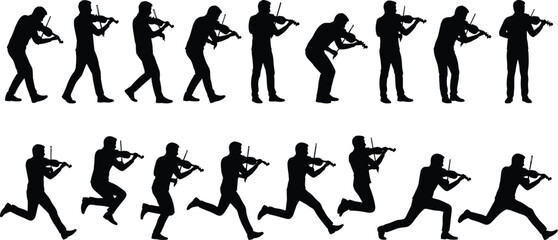 Silhouette sequence of violinist playing and moving, musical performance illustration showing dynamic poses, artistic musician action set for creative design projects