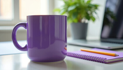 Purple coffee mug sits on desk beside notepad, pencil. Laptop computer, green plant in background. Clean workspace, bright light, focused shot. Modern office setting, freelance work, creative