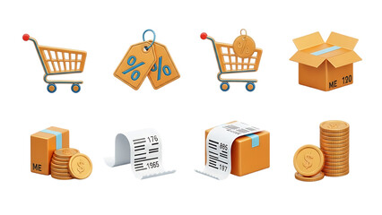 Collection of e commerce icons featuring shopping cart and delivery options isolated on transparent background